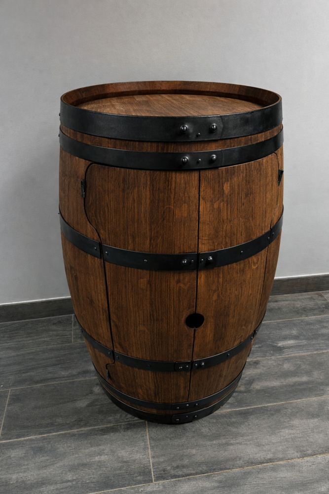 Bar tourniquet en tonneau chêne massif – Meuble bar rotatif artisanal